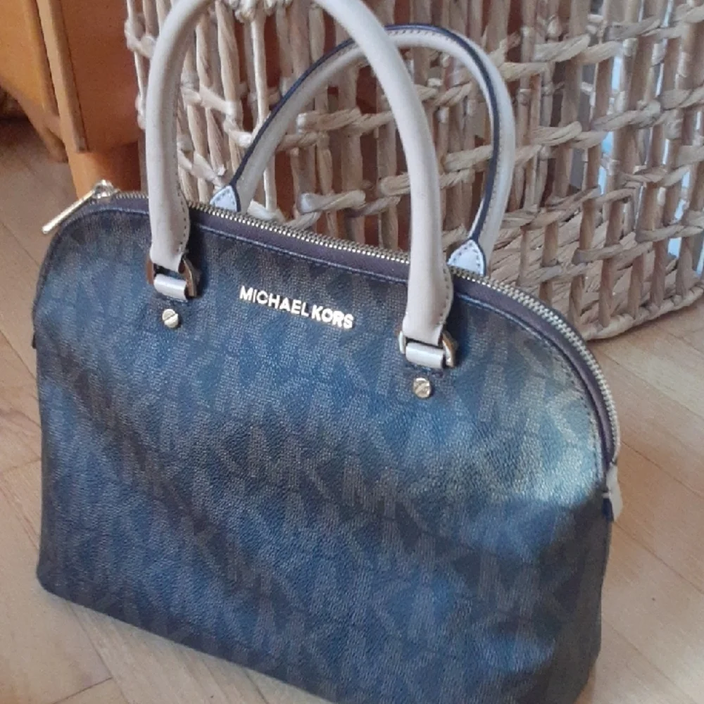 MICHAEL KORS Brown/Black Signature Dome Satchel with Taupe Handles